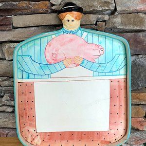VTG Shafford Tray Pig Novelty Hand-painted Folk Craft Turquoise Pink